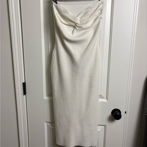 Cream Strapless Twist-Front Midi Dress